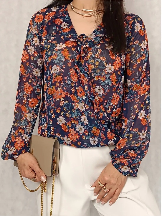 Mossimo Supply Co. Tops - 👚 Mossimo Floral Blouse Wrap Style Semi Sheer Long Sleeve Top size  Medium